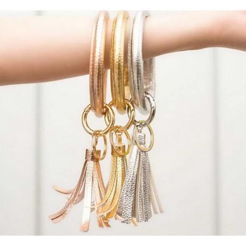 ZWPON PU Leather O Circle Tassel Wristlet Keychain Southern Fashion Women Key Chain Ring Wristlet Fob Holder Keychain Wholesale