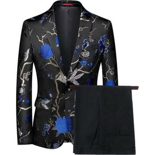 2021 Royal Blue Groom Men Suits For Prom Slim Fit Jacquard Wedding Tuxedo 2 Piece Male Fashion Custom Costume Blazer Black Pants