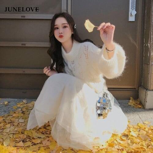 2021 Women Autumn Winter Vintage 2 Piece Suit Lady O-neck Hollow Out Sweater + High Waist Mesh Sets Female Casual Solid Suits