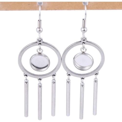 6pcs stainless steel dangle earring blanks fitting 8mm cabochon base settings with trailer charms diy jewelry making supplies