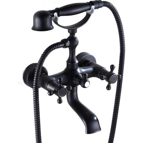 Black Antique Rain Shower Faucets Set with Hand Brass Wall Mounted Shower Mixer for Bathroom Bath Luxury Rainfall Shower Set