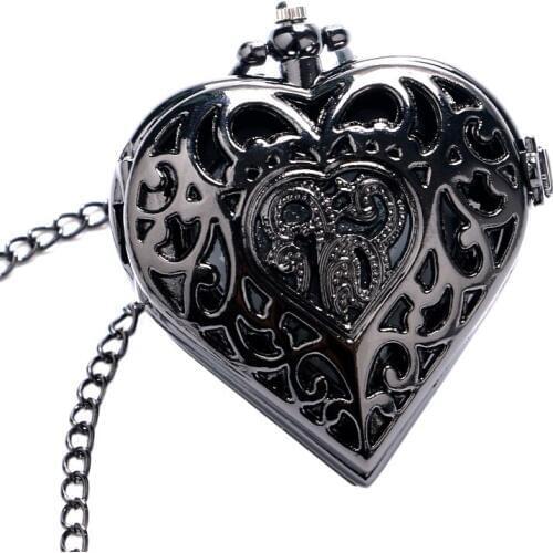 Elegant Black Hollow Heart Shape Quartz Fob Pocket Watch With Sweater Necklace Chain Gift To Women Girls