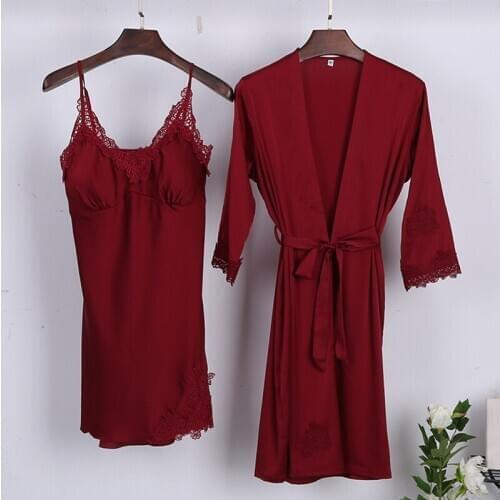 Spring Summer women Sexy Lace Home Wear Two Pieces V-Neck Robe Set With Silk Suspenders With Breast Pad Lounge Intimate Lingerie