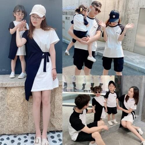 Parent-child Summer Costume Short Sleeve Shirt And Patchwork Dress Black White Color Family Mother Father Brother Sister Clothes