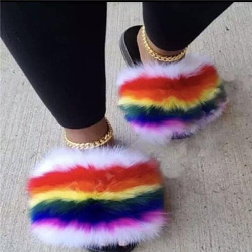 2021 Hot Women Fox Fur Slippers Ladies Fashion Fluffy Furry Shoes Female Outdoor Casual Flip Flops Luxury Plush Slides Wholesale