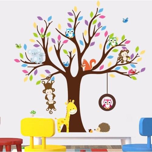 Cartoon Animals Tree Owl Monkey Wall Decals Kids Room Nursery Home Decor Pvc Wall Stickers Diy Mural Art Baby Gifts