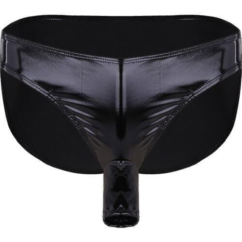 Alvivi Mens Underwear Sexy Lingerie Panties Wet Look Patent Leather Briefs with Open Penis Sheath Male Latex Underwear 2020 Hot