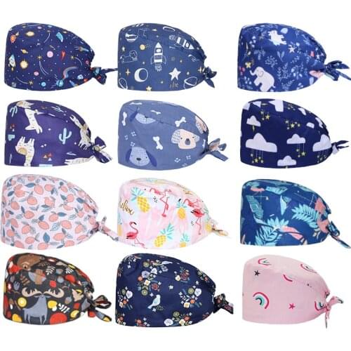 Soft Cotton Scrub Caps Print Nurse Work Hat Inner Forehead Sweatband Free Size Tieback Chef Beautician Working Hats