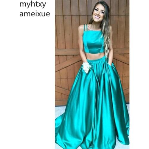 2019 Cheap Sexy Elegant Evening Dresses Sexy A-line 2 Pieces Spaghetti Straps With Pockets Satin Evening Gowns Custom Made E