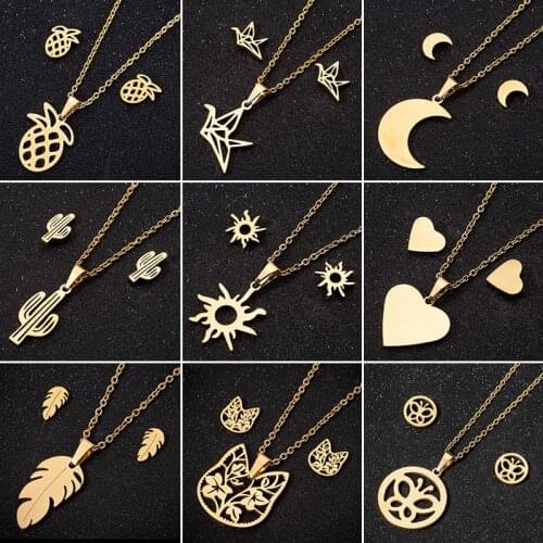 Multiple Stainless Steel Jewelry Sets Curved Crescent Moon Stud Earrings for Women Simple Sun Cat Feather Necklaces Jewelry Gift