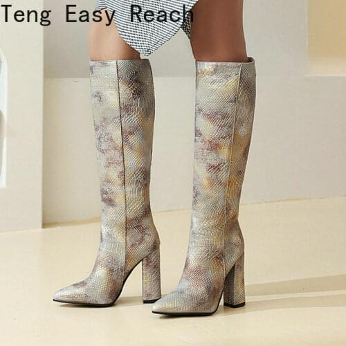 2020 New Women Knee High Boots Fashion Pointed Toe Square Heel Ladies Boots Autumn Winter Women Slip on Shoes Silver Gun Red