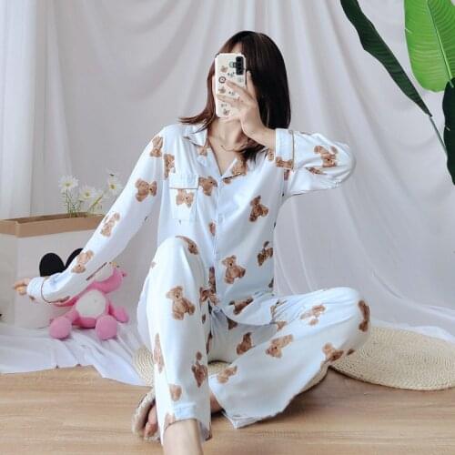 Knitted New Cartoon Bear Ladies Soft and Comfortable 100% Cotton Pajamas Long Sleeve Trousers Women Pijamas Set Ropa Interior