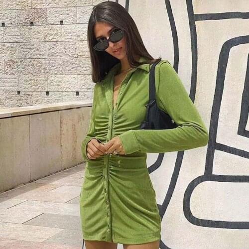 2021 Autumn Velvet Dress Women Long Sleeve Shirt Dress Ladies Sexy Ruched Bodycon Dress For Women 70% Cotton