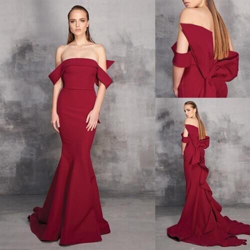 Dark Red Mermaid Prom Dress Off Shoulder Satin Bow Plus Size Party Dress Sweep Train Formal Dress ogstuff robe de soirée