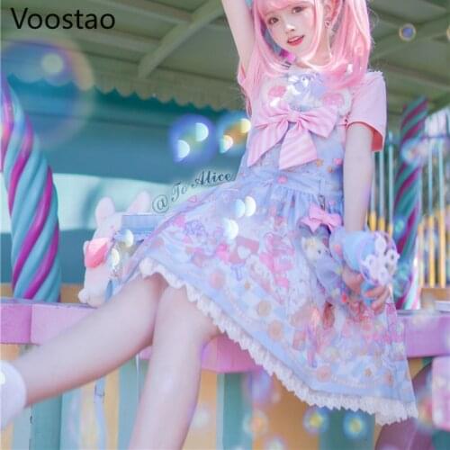 Japanese Style Sweet Lolita Jsk Dress Women Cute Cartoon Bear Lace Bow Tea Party Dresses Girls Kawaii Sleeveless Straps Dress