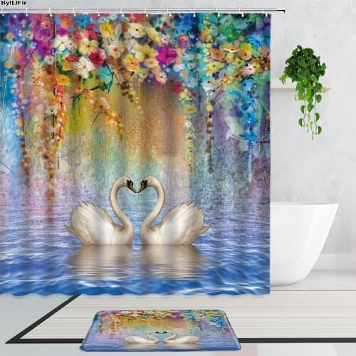 Swan Couple Shower Curtains Watercolor Flower Elegant Water Surface Animal Bathroom Decor Fabric Curtain Set Non-Slip Carpet Mat