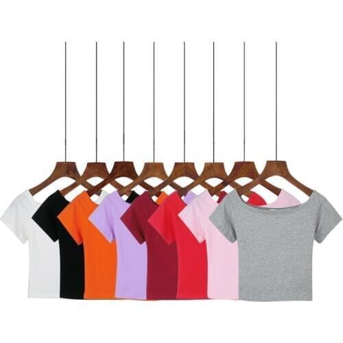 New Summer Chic T Shirt Women Slash Neck Cotton T-Shirt Slim High Waist Crop Top Sexy Lady Elastic Basic Tees Shirt Famale 2020