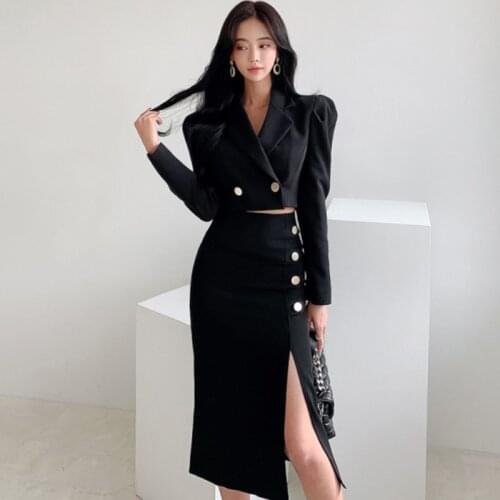 Korean Spring Women 2 Piece Set Office OL Elegant Notched Long Sleeve Crop Top+High waist Bodycon Sexy Split Midi Skirt Outfits