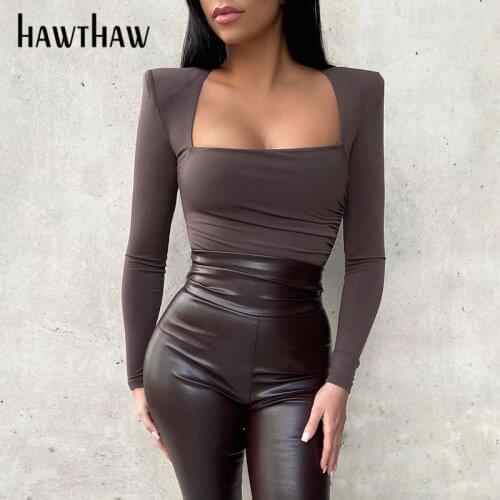 Hawthaw Women Autumn Winter Long Sleeve Square Collar Bodycon Soild Color Bodysuit Romper Playsuit 2020 Fall Clothes Streetwear