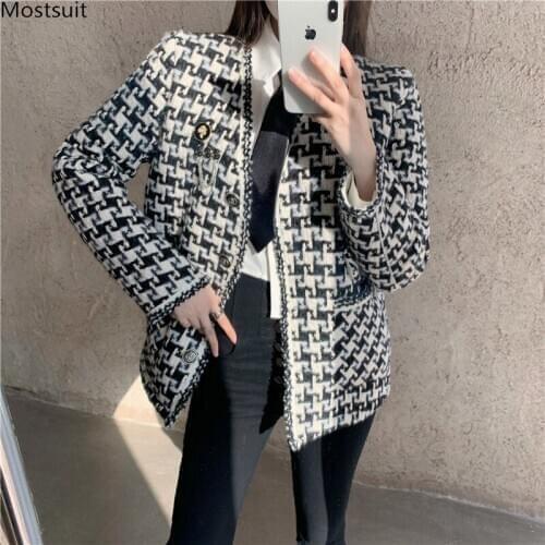 Winter Coat Women Vintage Fashion Jecktes Korean Loose Long Sleeve Single Breasted Houndstooth Ladies Tops 2020