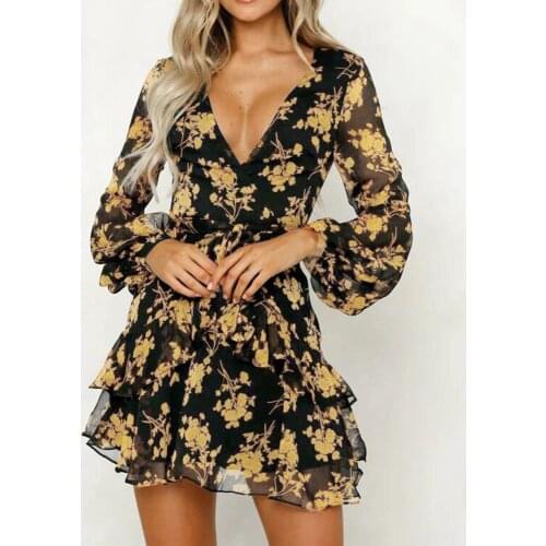 Womens Floral Dress Long Sleeve Bodycon Dress Leaf Printed Sash V Neck Long Sleeve Dress Ladies Beach Casual Mini Dress
