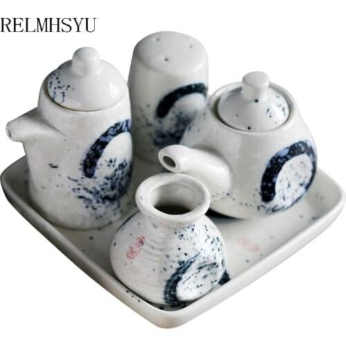 1PC RELMHSYU Japanese Style Retro Ceramic Seasoning Canned Soy Sauce Bottle Toothpick Holder Pepper Box Cuisine Set Restaurant