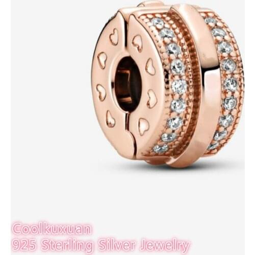 100% 925 Sterling Silver Sparkling Pave Lines & Logo Clip Charm Rose Gold beads Fits Original Pandora bracelets Jewelry Making