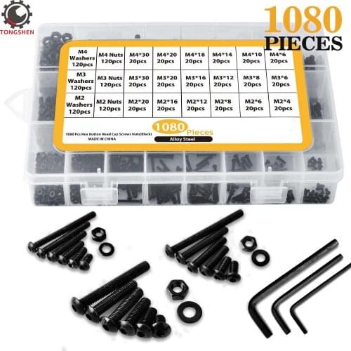 1080pcs M2 M3 M4 Alloy Steel Hex Socket Button Head Cap Screws Nuts Flat Washers Kit Mushroom Cap Hex Bolts Black Screw