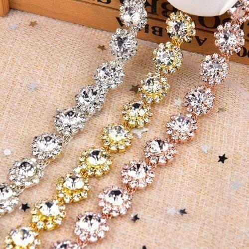45cm/90cm Rose Gold Metal Round Strass Rhinestone Flower Chain Trim 12mm Width Sew On Crystal Applique Wedding Decoration
