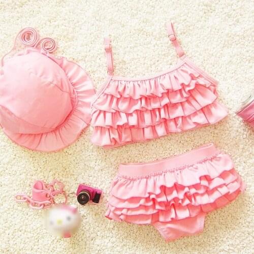 2021 Ruffle 3 PCS Baby Girls Swimsuits Cap Cute Toddler Kids Bathing Sets Sport Outdoor Beach Children Swimwear Teenager Clothes