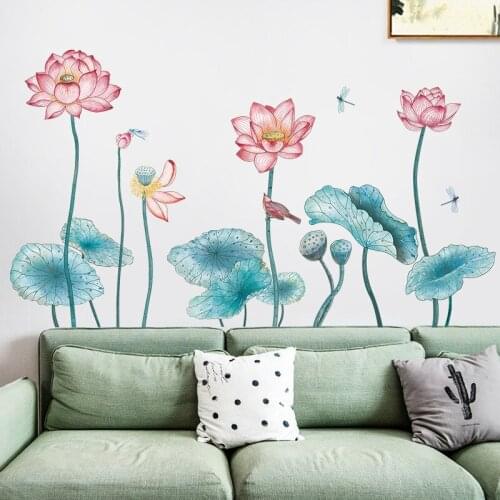 Chinese Style 3D Lotus Wall Stickers Flowers Living Room Decoration Wallpaper Home Office Decor Art Bedroom Decals for Furniture