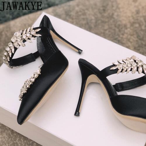 Crystal Flower Banquet Wedding Shoes Women Rhinestone Pointed Toe High Heel Sandals Green Red Black Mules Runway Summer Shoes
