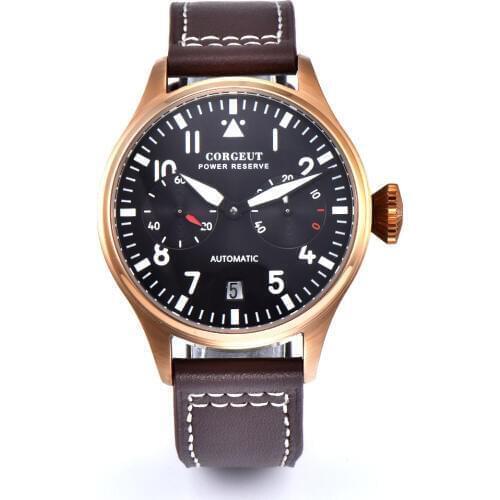 CORGEUT Self Winding Mechanical Men Watch Power Reserve Indicator Bronzed Case Date Window