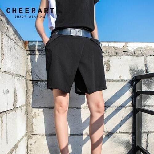 Cheerart Black Spandex Shorts Women Summer Loose Belt Shorts Femme Wide Leg Punk Rock Shorts