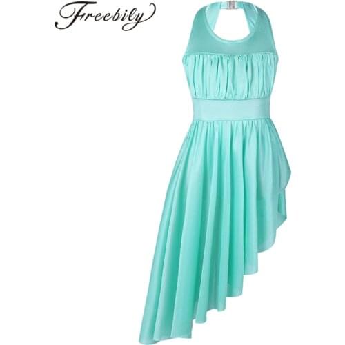 Kids Girls Ballet Contemporary Lyrical Dance Dress Gymnastics Leotard Girls Halter Ruched Cutout Back with Clasp Irregular Hem