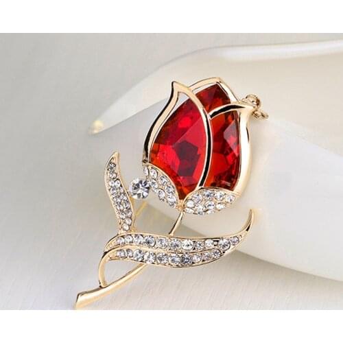 Elegant Tulip Flower Brooch Pins Rhinestone Crystal For Female Beaty Dress Coat Accessories Fashion Brooch Jewelry 2021 Tend