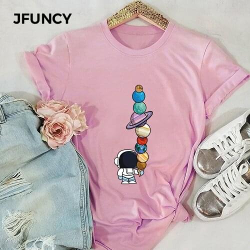 JFUNCY Lovely Planets Astronaut T-shirts Women Summer Cotton Tee Shirts Woman Short Sleeve Tops Plus Size S-5XL Casual T Shirt