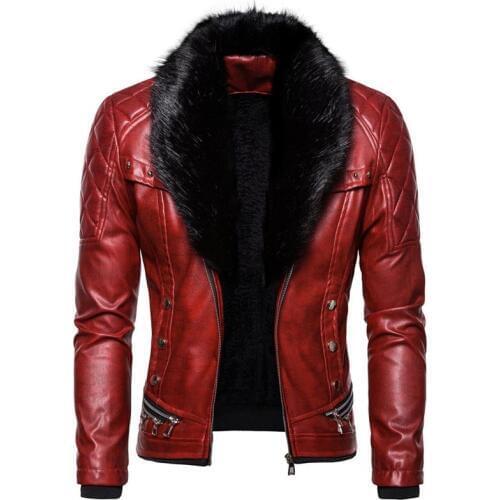 KIOVNO Men Punk Zipper Leather Jackets Coats With Rivet Motorcycle Warm Leather Jackets Outwear For Male Detachable Fur Collar
