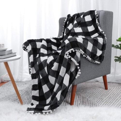 Plaid Flannel Throw Blanket with Pom Poms,Black White Checkered Blanket Throw ,Soft Plush Microfiber Blankets for Couch Sofa