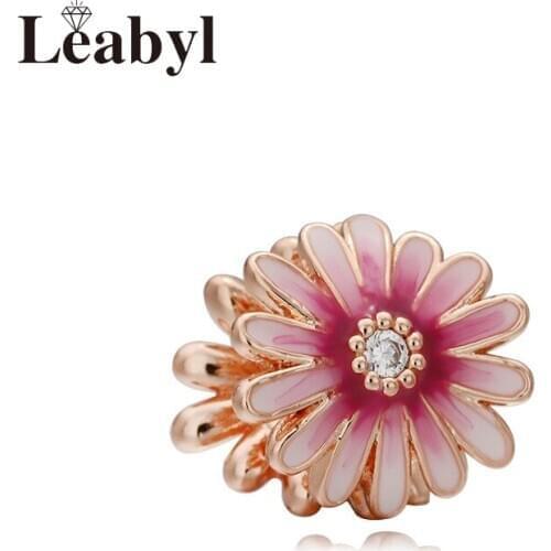 Leabyl Classic Trendy Pink & White Enamel Daisy Flower Charms fit Bracelet Bangle Romantic Rose Gold Small Daisy Flower Beads