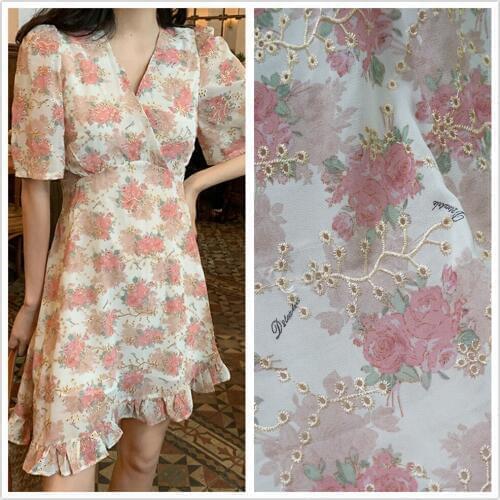 Soft Printed Chiffon Colorful lace Fabric Hollow Out Eyelet Gold Thread For DIY Sewing Summer Maxi Dress Skirt Fabric By 1 yard