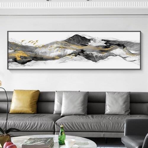 New Chinese Style Golden Blue Mountains Bird Canvas Painting Bedside Posters and Prints Wall Art Picture For Living Room Bedroom