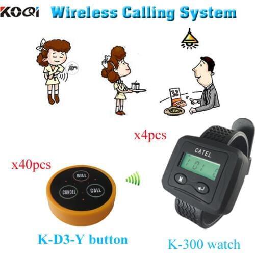 Restaurant Wireless Table Bell System with bell Transmitter and watch Receiver ( 4 watch pager +40 table bell button)