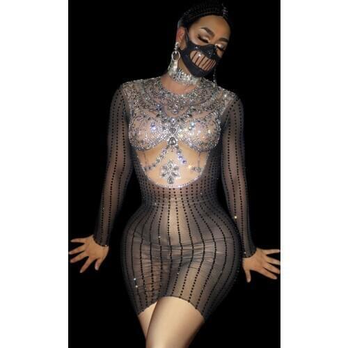Luxury Rhinestones Dresses for Women Transparent Short Party Dress Women Dancer Prom Party Show Costumes Bar Outfit Dresses