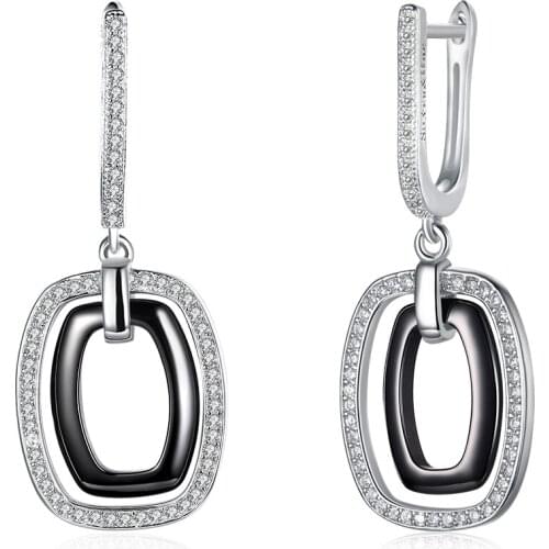ZEMIOR Geometric Drop Earrings For Women 925 Sterling Silver Full Cubic Zirconia Hanging Black Ceramic Earring Fine Jewelry