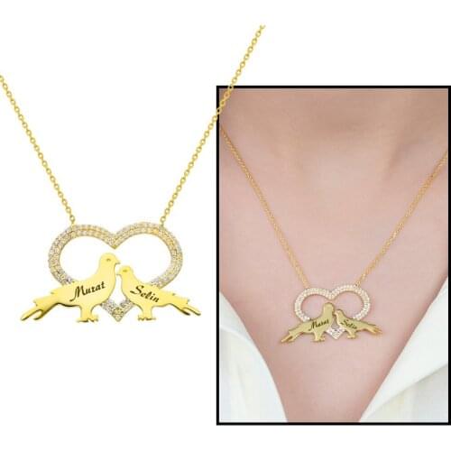 Tesbihane Personalized Name Written Gold Color 925 Sterling Silver Heart-Dove Pendant