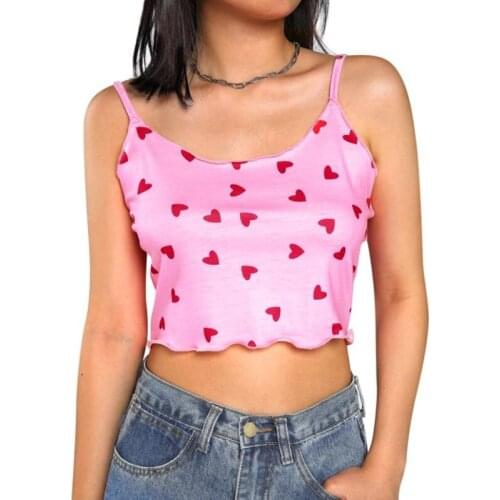 Women Summer Tank Tops Full Heart Printing Spaghetti Straps Ruffled Slim Crop Tops Suspender Tops Printed Tops Female Camisole