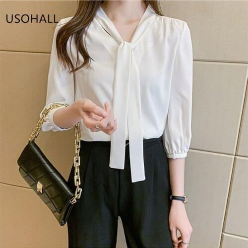 USOHALL Fashion Summer Lightweight Blouse Ribbon White Three Quarter Sleeve Chiffon Shirt
