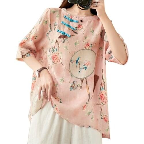 Vintage Cotton Linen Thin Plus Size Printed Hanfu Female Elegant Tops Spring Summer Women Casual Loose Chinese Style Blouse 2103