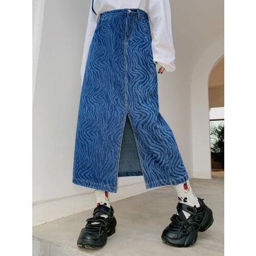 TIYIHAILEY Free Shipping 2021 New Fashion High Waist M-L Long Mid-Calf Straight Skirts With Slit Women Blue Black Summer Denim